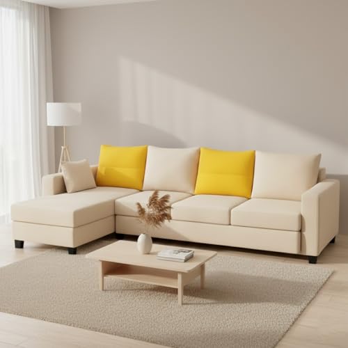 Image of CASASTYLE Texon 5 Seater Fabric LHS L Shape Sofa Set (Yellow-Cream) Velvet Finish | Comfortable Sectional Sofa Set