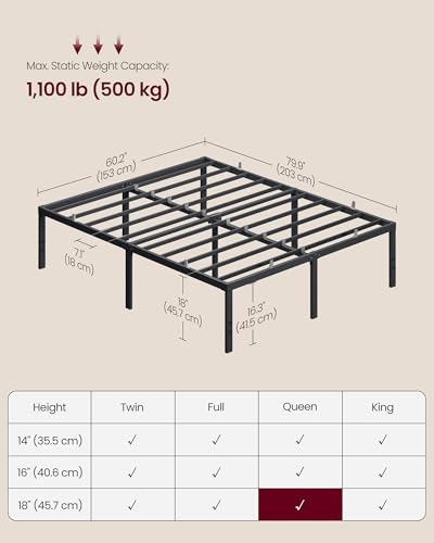 Image of VASAGLE Queen Metal Bed Frame 18 Inches Tall, 1100 lb Weight Capacity, No Box Spring Needed, with Under-Bed Storage, Easy Setup, Heavy-Duty Platform Bed, Mattress Retainers, Matte Black URMB671BD02S