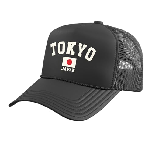 Vintage Tokyo Japan Japanese Flag Souvenir Retro Graphic Trucker Hat with Adjustable Mesh Back, Black