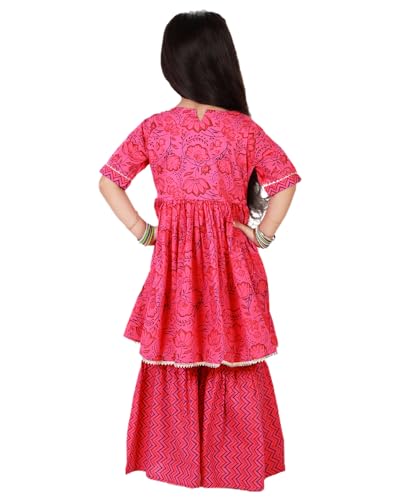 Image of superminis Baby Girl's Cotton Sanganeri /Floral Printed Frock Style Kurti With Printed Sharara Dress Clothing Set