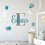 K011 Wandtattoo Kinderzimmer Namen Sterne Set Punkte Türschild Baby Mädchen Junge Mix personalisiert Wunschname Babyzimmer Wandgestaltung verschiedene Größen (06 Hasen mit Ballons Blau)