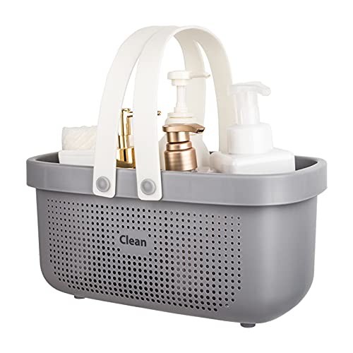 JiatuA Plastic Storage Basket with Handle Portable Shower Caddy Tote Organizer Basket Bin for Bathroom Kitchen Dorm Room Bedroom, Gray
