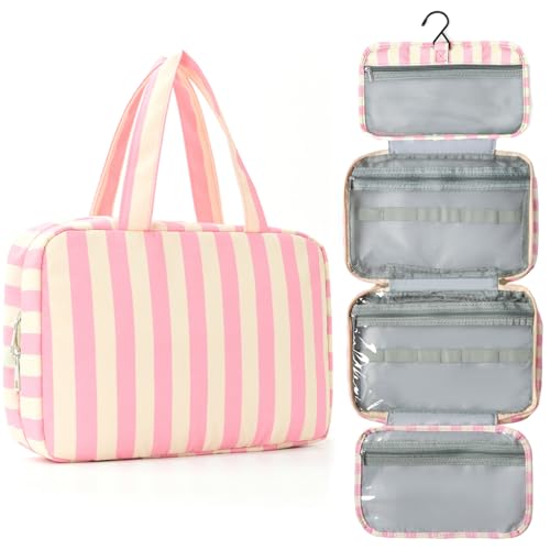 Apxouans Toiletry Bag for Women Travel Water-resistant Cosmetic Bag Fashion Stripes Makeup Bag with Hanging Hook Preppy for Store Toiletries Cosmetic Accessories Large Capacity Pink