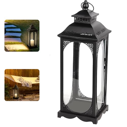 Lanterna per Candele All'aperto, 34 cm lanterne decorative per esterni e interni, per balcone e giardino, in stile retrò, per candele, antivento, decorazione per la casa, Natale, portacandele - Nero