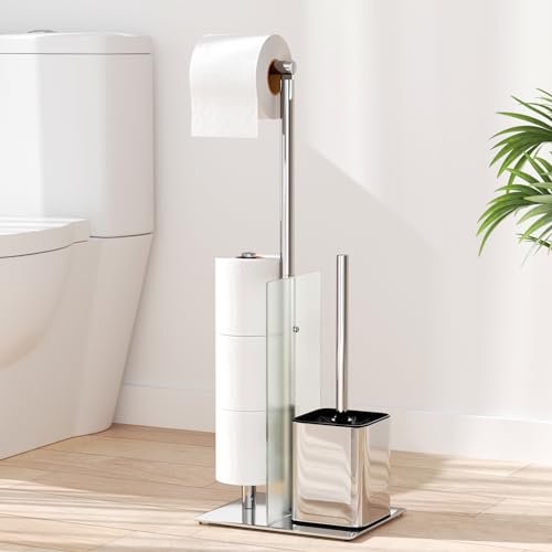 Porte Papier Toilette avec Brosse WC - Support Papier Toilette Debout en Acier Inoxydable avec Brosse de Toilette, Amovible, Porte Papier Toilette avec Verre,...