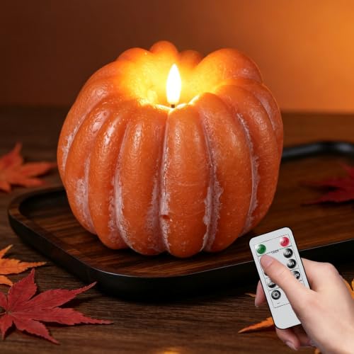 Image of Wondise Orange Fall Decorations Real Wax Pumpkin Candles with Remote Timer