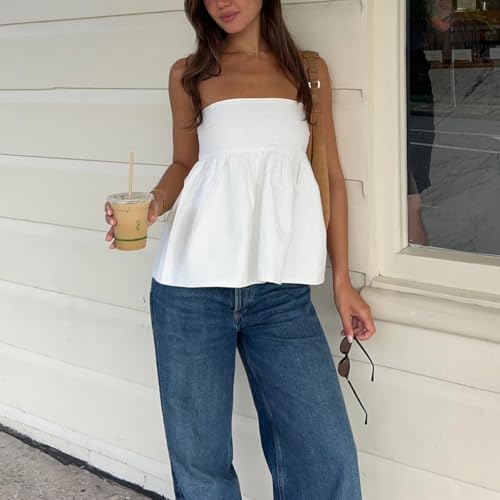 Women Strapless Peplum Top Y2k Floral Tube Tops Ruffle Hem Babydoll Summer Going Out Bandeau Top2
