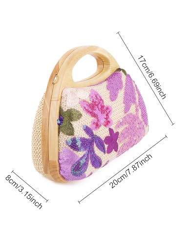 Image of Women Straw Sequin Embroidered Flower Evening Handbag Clutch Purse Wooden Handle for Beach Holiday Party, Purple(random Pattern)