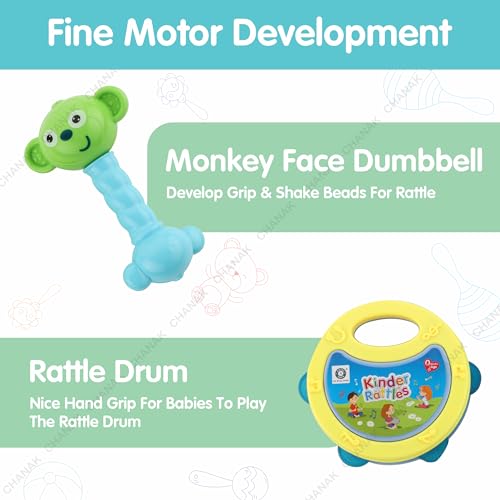 Image of Chanak Baby Kinder Rattle Set for 0-6 Months Old Baby, Non-Toxic, 100% BPA Free, Infant Grab, Spin & Shake Rattles, Colorful Rattles with 2 Pcs, Early Educational Sensory Toy, BIS Approved