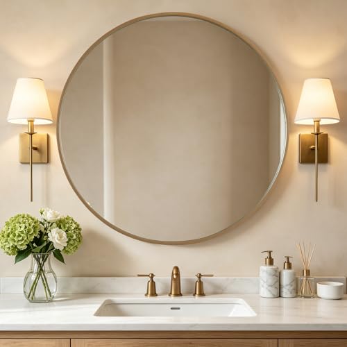 Image of WallBeyond Round Wood Mirror, 40 inch Round Modern Decoration Large Circle Wall Mirror for Bathroom Living Room Bedroom Entryway, Honey