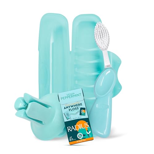 RADIUS Vacation Pastel Bundle, Includes Left Handed Big Brush with Replaceable Head, Toothbrush Travel Case, DOC Toothbrush Holder, Anywhere Travel Floss Packette, Mint Green, 4 Piece Bundle