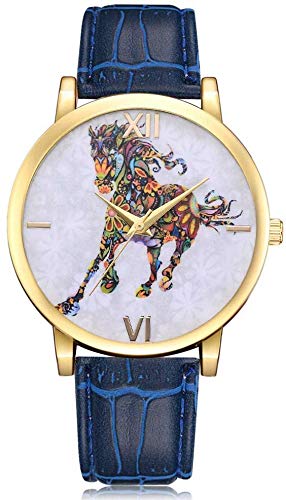 Damenuhr Quarzuhr mit rundem Zifferblatt bedrucktes Pferdemuster Casual Armbanduhr mit Lederband für Frauen, Blau