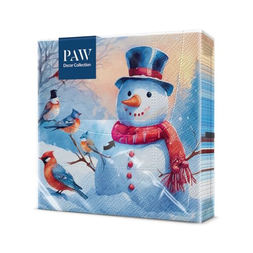 PAW - Serviette Papier (33 x 33 cm) I Lot de 20 I Papier 3 Plis I Serviette de Table Jetable - Noël, Hiver, Bonhomme de Neige I Motif: Distinctive Snowman