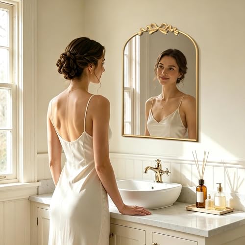 Image of Besdomus Bow Arched Gold Mirror: 22 inchx30 inch Gold Antique Vanity Wall Mounted Mirror - Vintage Baroque Traditional Ornate for Bedroom /Bathroom /Makeup Vanity - Wall Decor for Teen Girl