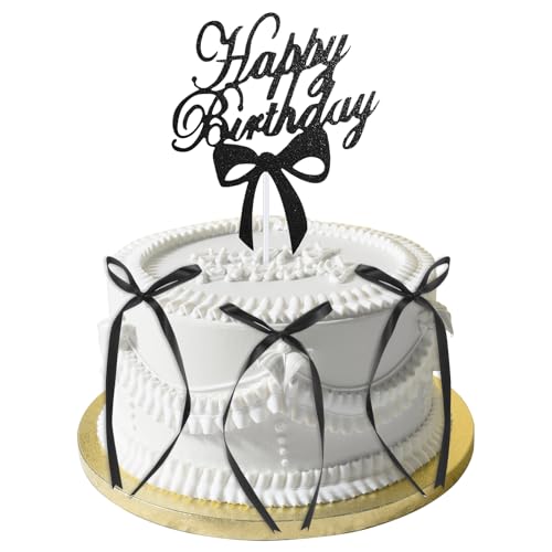 Matwsec 6 Pcs Black Bows for Cake and 1 Pc Black Happy Birthday Cake Topper, Ribbons Cake Decorations Bow Cake Topper for Coquette Birthday Party Decorations Baby Shower Party Wedding
