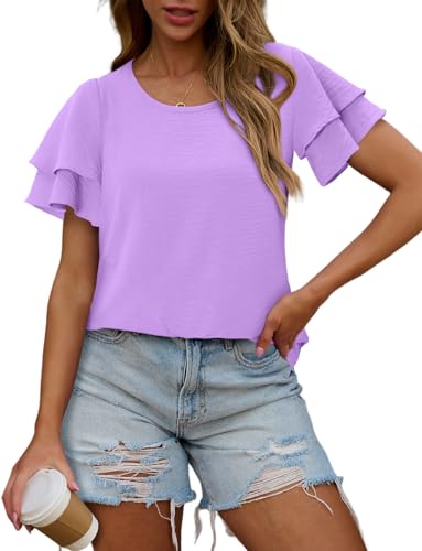 CRAZY GRID Women's Shirts Summer Casual Crewneck Ruffle Short Sleeve Blouses Cute Floral Print Tunic Tops
