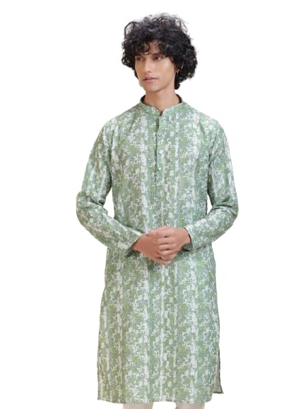 Men's Green Printed Thread Sequin Work Kurta | Mandarin Collar Ethnic Kurta for Men | Full Sleeve Regular Fit Festive, Wedding, Party-image-34