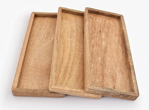 Image of Wooden Tray Set of 3 for Serving | Natural Wood Rectangular Trays for Kitchen, Dining, Coffee Table & Home Decor | Handcrafted Trays for Tea, Coffee