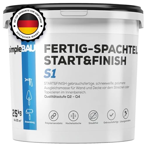 simpleBAU Spachtelmasse Weiß Innen 25 kg Gebrauchsfertige Fertigspachtel für Wand & Decke Polymer-Spachtelmasse Start&Finish Glätten Füllen & Reparieren Staubfrei & Leicht Schleifbar