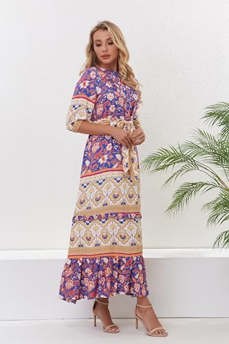 Image of Women Boho High-Waist Floral Print Maxi Dress 3 /4 Sleeve Casual | Soft Rayon, Breathable, Quick-Dry. High-Waist with Adjustable Belt, Flattering Hem. Ideal for Beach, Work & Dating.