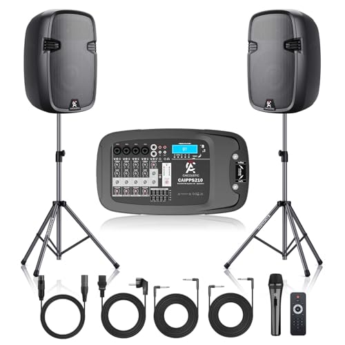 Image of 8-Channel Portable PA System with Bluetooth, Microphone, 2 Speaker Stands, USB, Reverb /Delay Effects - Perfect for Outdoor Events, Parties, Weddings, Church Services (2 x 10 Woofers)