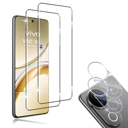 HidWee Cristal Templado Compatible con VIVO V50 5G / V50e, 2 Pcs Protector de Pantalla [3D Cobertura Completa] + 2Pcs Protector de Lente Cámara, 9H Dureza Anti-Arañazos Vidrio Templado