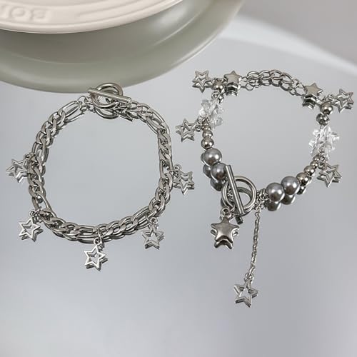 image for Salircon 2 Pieces Silver Star Necklace Y2K Jewelry Set Grunge Necklace