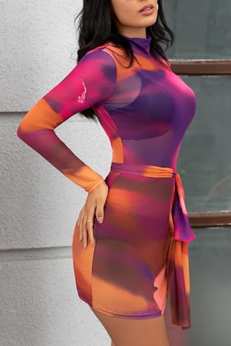 Image of Sexy Long Sleeve Mini Dress for Women Sheer Mesh Printed Crew Neck Bodycon Party Clubwear See Through Dresses