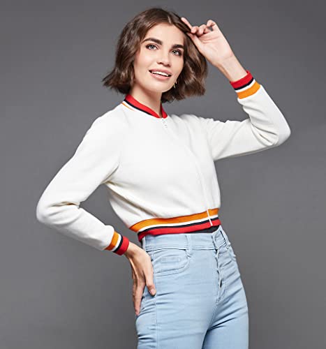 Image of Miss Chase Women's Off White V-Neck Full Sleeves Bomber Cropped Jacket