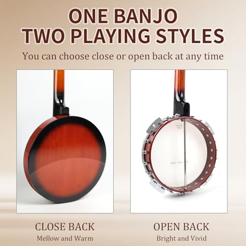 kmise banjo 5 string banjosprofessional full size 38 inch open or closed back with resonator bridge strings pack finger picks strap case tuner accessories set gift choice for adults beginner