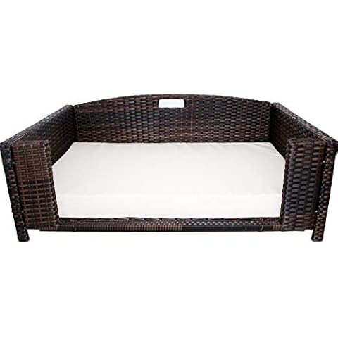 Iconic Pet Rectangular Rattan/Wicker Pet Bed, Metal Frame Indoor/Outdoor Furniture Pet Sofa/Couch for Dogs & Cats, Woven Rattan Dog Bed Water Resistant, Machine Washable Cushion Cover - Large Cover