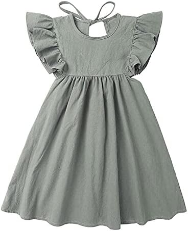 Goodplayer Toddler Baby Girl Dress Summer Cotton Linen Ruffle Halter Sleeveless Kids Casual Beach Party Dresses 1-6 Years (Grey Green,4_Years)