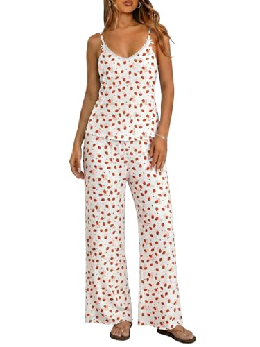 Image of Ekouaer Womens Y2K Cami Pajama Set with Flare Pants, 2 Piece Lace Trim Sleepwear Spaghetti Strap Pjs Set XS-2XL