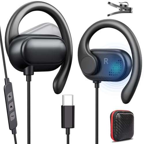 USB C Headphones Over Ear Earbuds Wired for iPhone 17 16 Pro Max Samsung S25 S24 Ultra S23 A17 A16,Type C Headphones with Ear Hooks Microphone Sport Running Headset for Google Pixel 10 Pro XL 9a