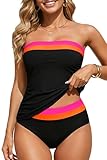 Daci Black Pink Color Block Bandeau Tankini Swimsuits for Women - Two Piece Ruched Tummy Control Bathing Suit Strapless Swimwear with Bottom L