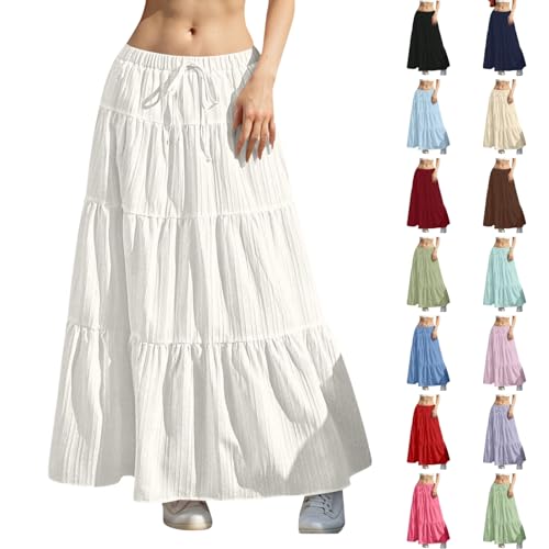 Womens Maxi Skirt Flowy Boho High Waisted Ruffle Tiered Long Skirt Summer Trendy Casual Pleated A Line Drawstring Skirts