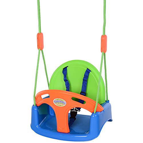 HOMCOM Columpio Infantil para Bebés con Cinturón Respaldo Alto y Barrera de Seguridad con Cuerdas Carga 25kg 39.5x28x125 cm Verde Azul Naranja