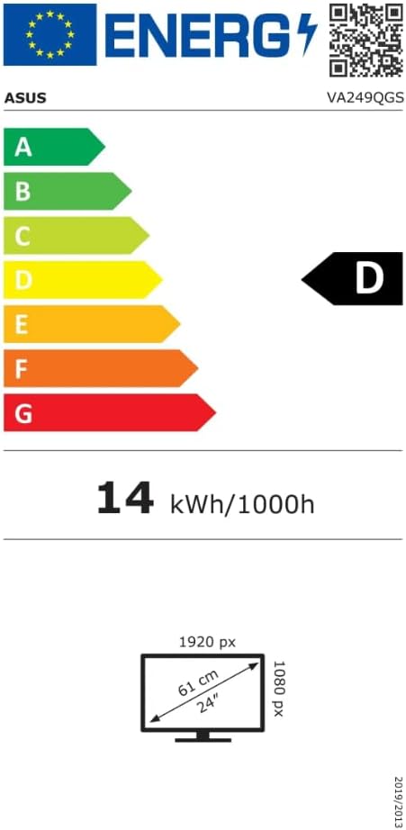 EU Energy Label for ASUS VA249QGS monitor, showing energy efficiency class D and 14 kWh per 1000 hours
