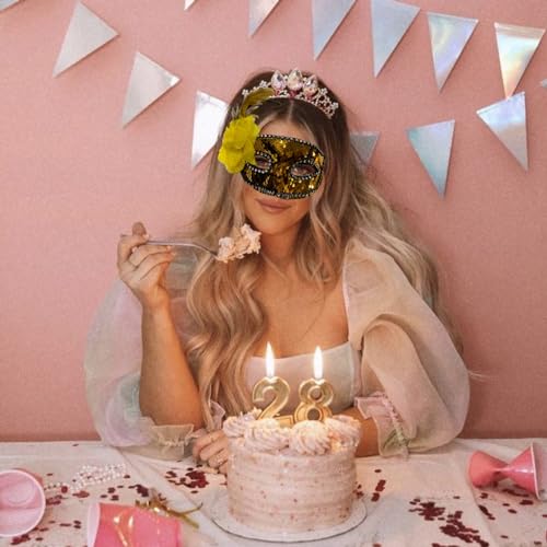Image of Wanna Party Golden Sequin Masquerade Mask with flower for Women for Masquerade Party, Venetian party,Stage Performances,Eye Mask for Halloween, Birthday, Adult Party,50 shades of Grey Party