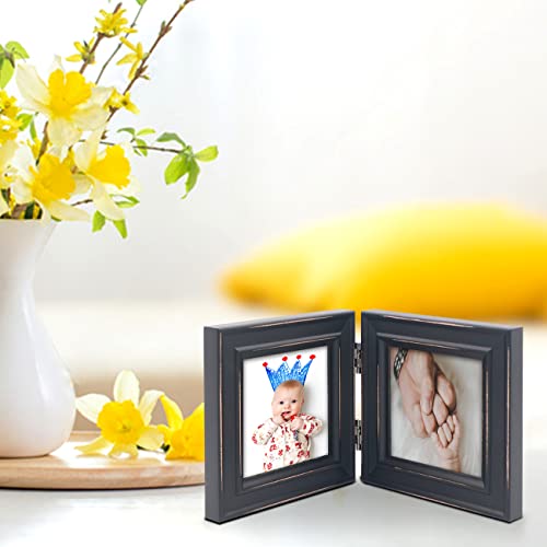 Double 4X4 Wood Photo Frame Instagram, Hinged Picture Frames, With Glass Front, Fit For Stands Vertically On Desk Table Top Or Wall Hanging (Window 3.5 X 3.5 Picture, Black Color) #TOP1