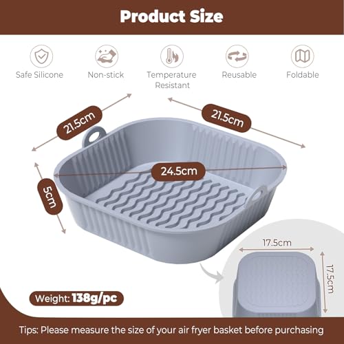 Image of Diboniur Air Fryer Accessories Silicone Mould 5-8 L, 2 x 21 cm Flat Silicone Air Fryer, Basket Mould for Hot Air Fryer, Silicone Liners for Air Fryer, Microwave, Oven (Grey and Black)