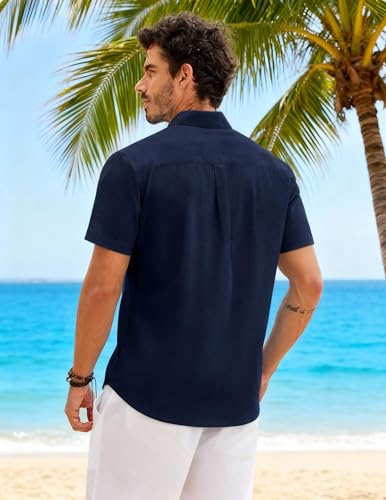 Image of COOFANDY Men's Button Down Short Sleeve Shirt Casual Cotton Summer Beach Wedding Linen Shirts with Pocket