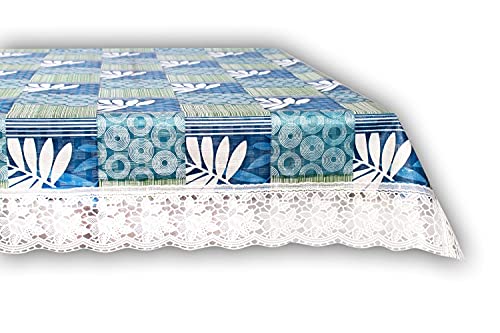 Image of The Furnishing Tree Waterproof PVC Rectangle Shaped Center Table Cover WxL 40x60 inches Surface Pattern Blue with White Border lace