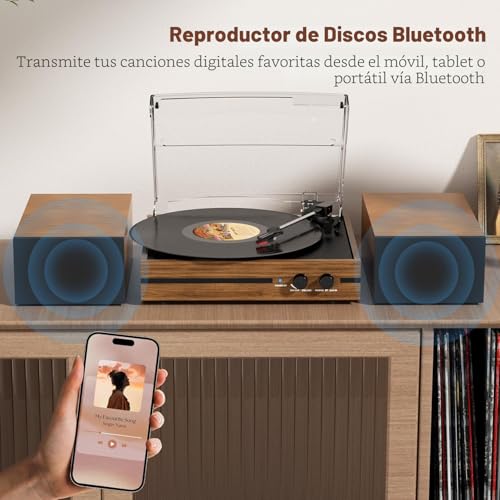 Miniatura 2 de Tocadiscos Bluetooth Con Grabación De Vinilo Vintage, Transmisión Por Correa, Altavoces Estéreo Duales, Reproductor Lp, Entrada Auxiliar Para Auriculares, 3 Velocidades, 3 Tamaños, Marrón