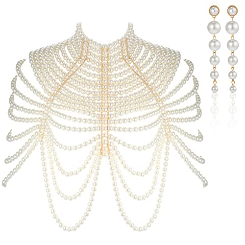 Pearl Body Chain Necklace with Long Pearl Earrings for Women Pearl Body Chain Bra Adjustable Size Pearl Shoulder Jewelry Pearl Dangle Earrings for Party Wedding Show Dress Accessories