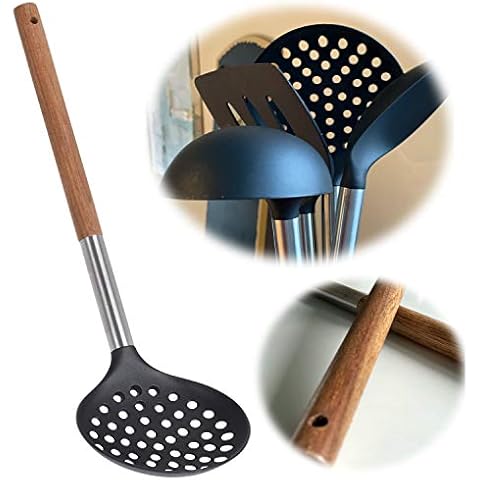 LS-LebenStil Holz Abseihlöffel 35cm Schaumlöffel Akazie Edelstahl Nylon-Funktionsteil Küchenhelfer Cover