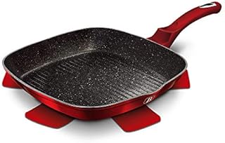 28cm Colorful Square Grill Pan Fry Frying Marble Non Stick Griddle Steak Kitchen Induction Appliances (Red with Lid)