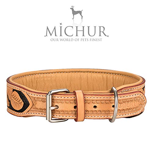 MICHUR Jose Hundehalsband Leder, Lederhalsband Hund, Halsband, Beige, Leder, mit gefärbten Bereichen in Schwarz und Schwarzen Steinen, in verschiedenen Größen erhältlich