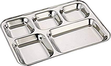 Stainless Steel Rectangular Thali Plate, 5 compartment Thali, Mess Trays, ss mess tray Lunch and Dinner, Restaurant Steel Plates, Divided Dinner Plate - 13 inch