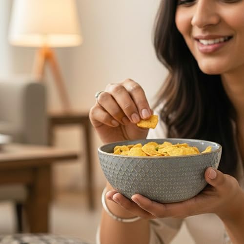 Image of The Earth Store Grey Embossed Ceramic Bowl Set of 2 - 500ML Each | Ceramic Mixing Bowls for Snacks, More | Rice, Dal, Fruits, Salad | Microwave Safe Bowl Set | Perfect for Gifting & Daily Use